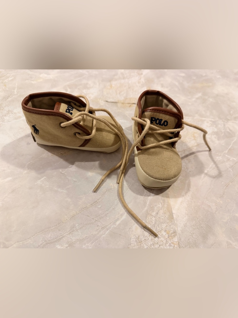 Polo by Ralph Lauren Beige Canvas Baby Walker Shoes with Brown Trim